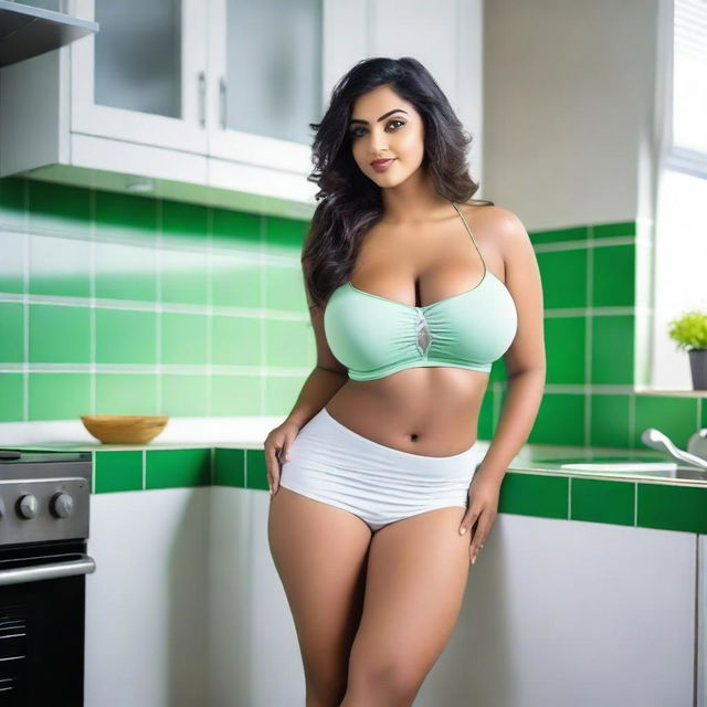 An Indian woman with a curvy body wearing a very short, tight, white skirt and a green bra