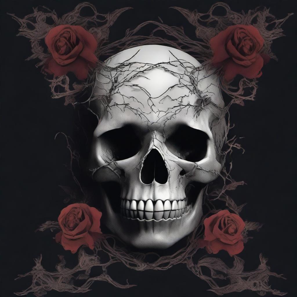 A dark romance book cover featuring a skull surrounded by twisted veins and flowers with thorns