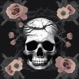 Create a dark romance book cover featuring a skull surrounded by twisted veins and flowers with thorns