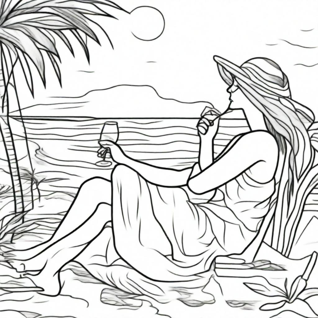 A black line art illustration for a coloring book featuring a woman seated by the beach, sipping wine