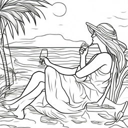 A black line art illustration for a coloring book featuring a woman seated by the beach, sipping wine