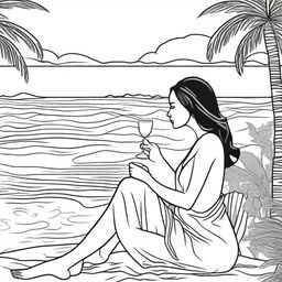 A black line art illustration for a coloring book featuring a woman seated by the beach, sipping wine