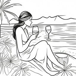 A black line art illustration for a coloring book featuring a woman seated by the beach, sipping wine