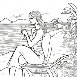 A black line art illustration for a coloring book featuring a woman seated by the beach, sipping wine