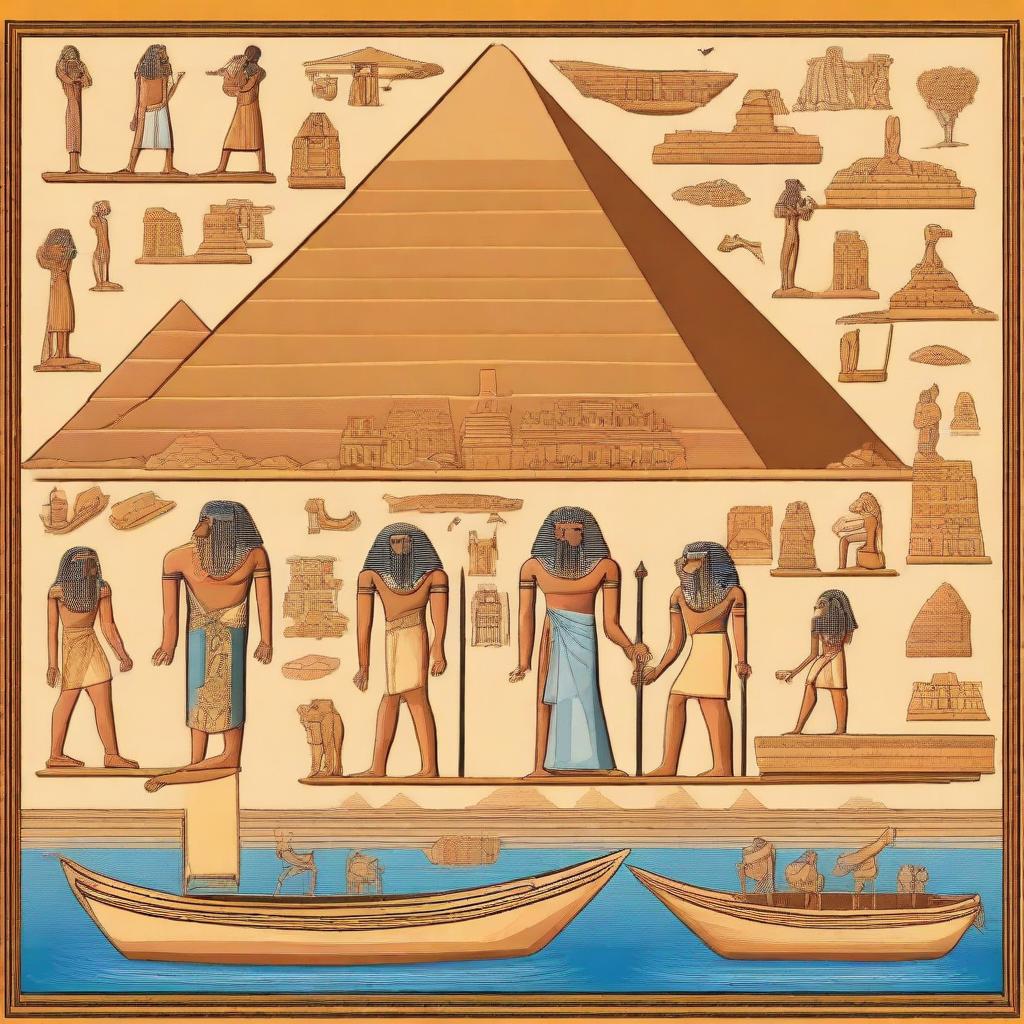 A detailed illustration depicting the history of Ancient Egypt, showcasing iconic landmarks like the pyramids, the Sphinx, and the Nile River