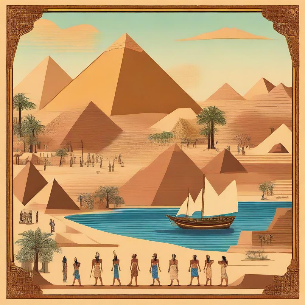 A detailed illustration depicting the history of Ancient Egypt, showcasing iconic landmarks like the pyramids, the Sphinx, and the Nile River