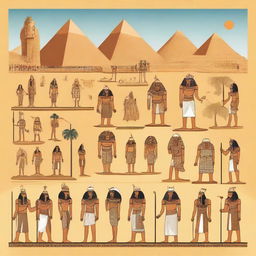 A detailed illustration depicting the history of Ancient Egypt, showcasing iconic landmarks like the pyramids, the Sphinx, and the Nile River