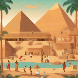 A detailed illustration depicting the history of Ancient Egypt, showcasing iconic landmarks like the pyramids, the Sphinx, and the Nile River