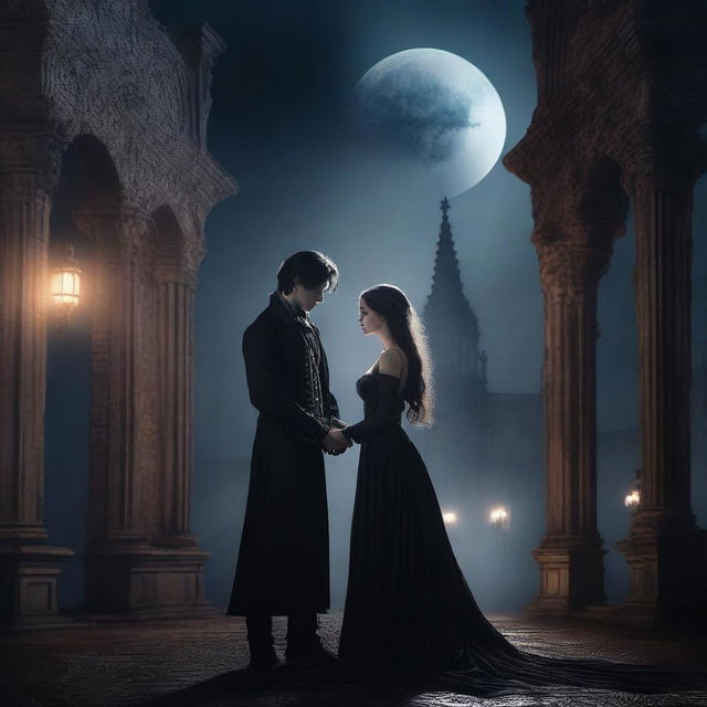 A dark romance scene featuring two characters in a gothic setting