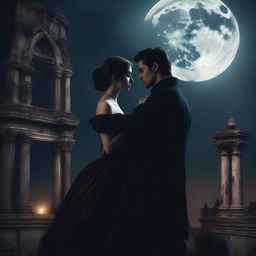 A dark romance scene featuring two characters in a gothic setting