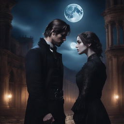 A dark romance scene featuring two characters in a gothic setting