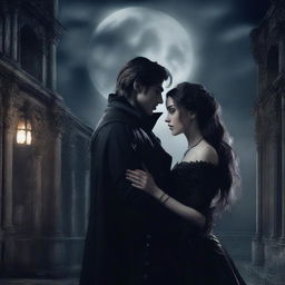 A dark romance scene featuring two characters in a gothic setting