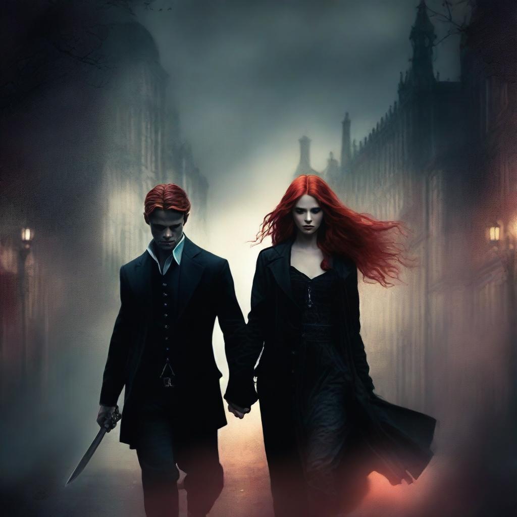 A dark romance novel cover featuring a tall, mysterious man with a shadowy background and a shorter female with striking red hair