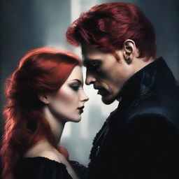 A dark romance novel cover featuring a tall, mysterious man with a shadowy background and a shorter female with striking red hair