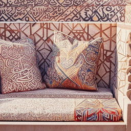 Outdoor seating arrangement, inspired by intricate Arabic design details and lines, featuring plush cushions, geometric structures, and ornate patterns in vibrant colors.