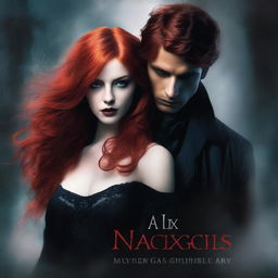 A dark romance novel cover featuring a tall, mysterious man with a shadowy background and a shorter female with striking red hair