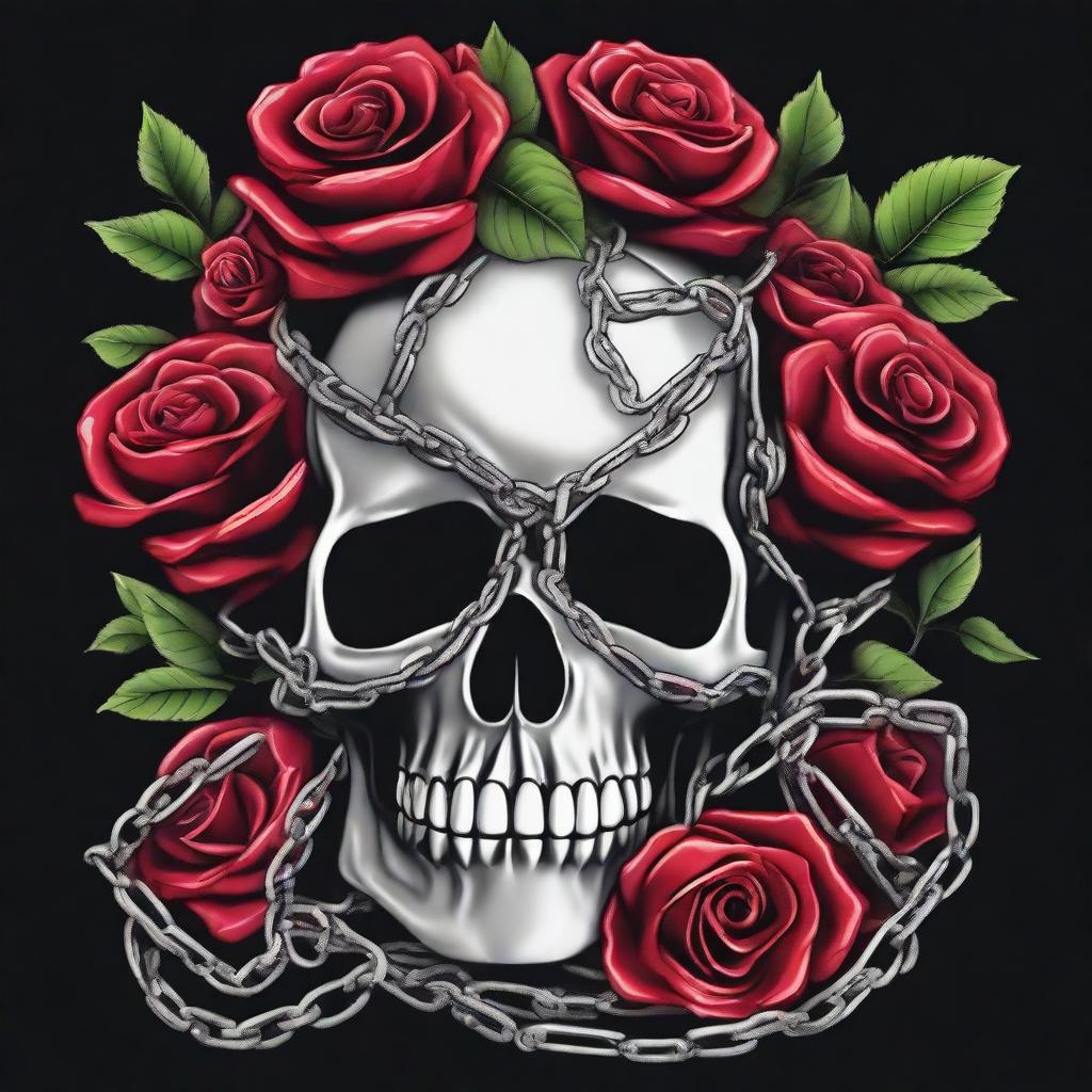 An image of a skull covered in vibrant roses and wrapped in chains