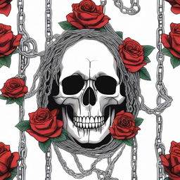 An image of a skull covered in vibrant roses and wrapped in chains