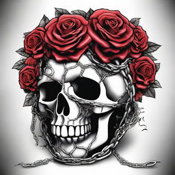 An image of a skull covered in vibrant roses and wrapped in chains