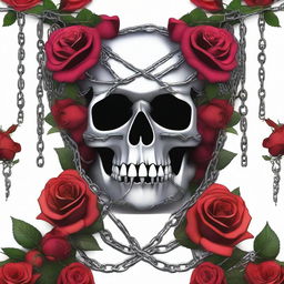 An image of a skull covered in vibrant roses and wrapped in chains