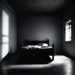 A dark room with minimal lighting, featuring a bed that has restraints attached to it