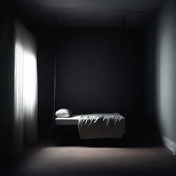 A dark room with minimal lighting, featuring a bed that has restraints attached to it