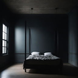 A dark room with minimal lighting, featuring a bed that has restraints attached to it