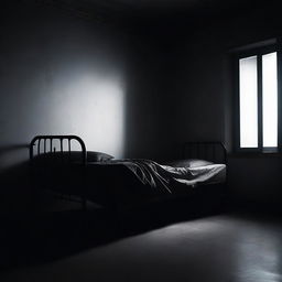 A dark room with minimal lighting, featuring a bed that has restraints attached to it