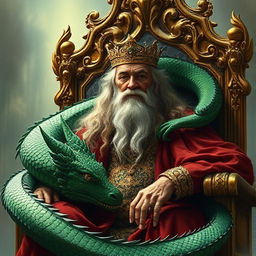 An elderly king with golden eyes and long hair sits on a grand throne