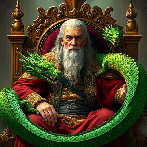 An elderly king with golden eyes and long hair sits on a grand throne