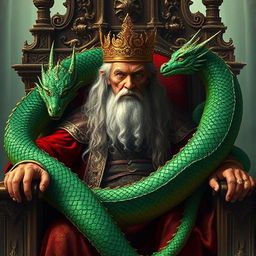 An elderly king with golden eyes and long hair sits on a grand throne