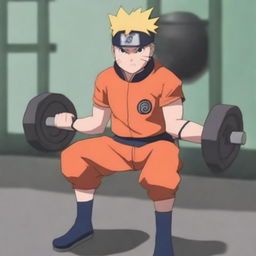 Naruto Uzumaki, the main character from the Naruto series, is depicted lifting weights in a gym setting