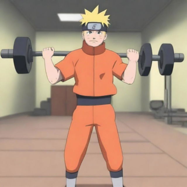 Naruto Uzumaki, the main character from the Naruto series, is depicted lifting weights in a gym setting