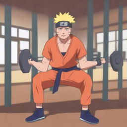 Naruto Uzumaki, the main character from the Naruto series, is depicted lifting weights in a gym setting