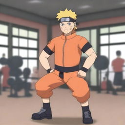 Naruto Uzumaki, the main character from the Naruto series, is depicted lifting weights in a gym setting