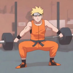 A detailed illustration of Naruto Uzumaki from the Naruto series lifting weights in a gym