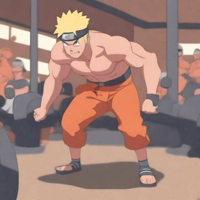 A detailed illustration of Naruto Uzumaki from the Naruto series lifting weights in a gym