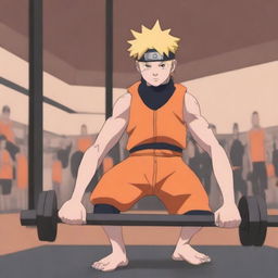 A detailed illustration of Naruto Uzumaki from the Naruto series lifting weights in a gym