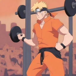 A detailed illustration of Naruto Uzumaki from the Naruto series lifting weights in a gym