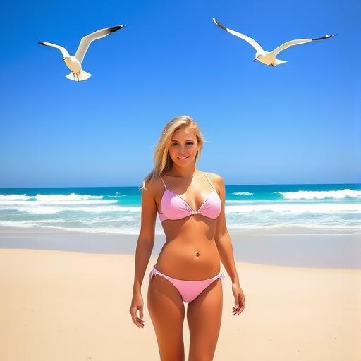 A blonde woman in a bikini standing on a sandy beach with the ocean in the background