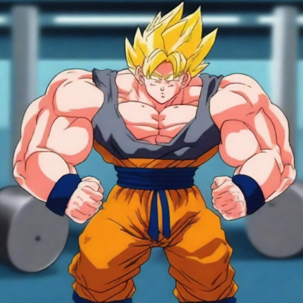 Goku from Dragonball Z is lifting heavy weights in a gym