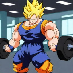 Goku from Dragonball Z is lifting heavy weights in a gym