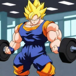 Goku from Dragonball Z is lifting heavy weights in a gym