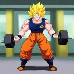 Goku from Dragonball Z is lifting heavy weights in a gym