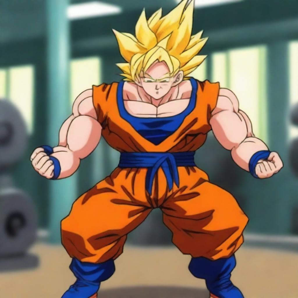 Goku from Dragonball Z is lifting heavy weights in a gym