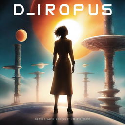 A captivating book cover featuring an eclipsing sun, a woman standing in the middle, and a futuristic research station floating in the air behind her