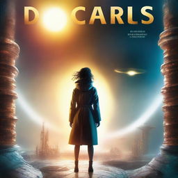 A captivating book cover featuring an eclipsing sun, a woman standing in the middle, and a futuristic research station floating in the air behind her