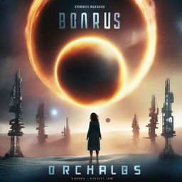 A captivating book cover featuring an eclipsing sun, a woman standing in the middle, and a futuristic research station floating in the air behind her