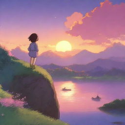 A Studio Ghibli character, with the signature whimsical and detailed art style, is watching a beautiful sunset over a serene landscape, featuring lush greenery and a calm body of water