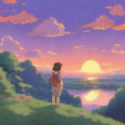 A Studio Ghibli character, with the signature whimsical and detailed art style, is watching a beautiful sunset over a serene landscape, featuring lush greenery and a calm body of water